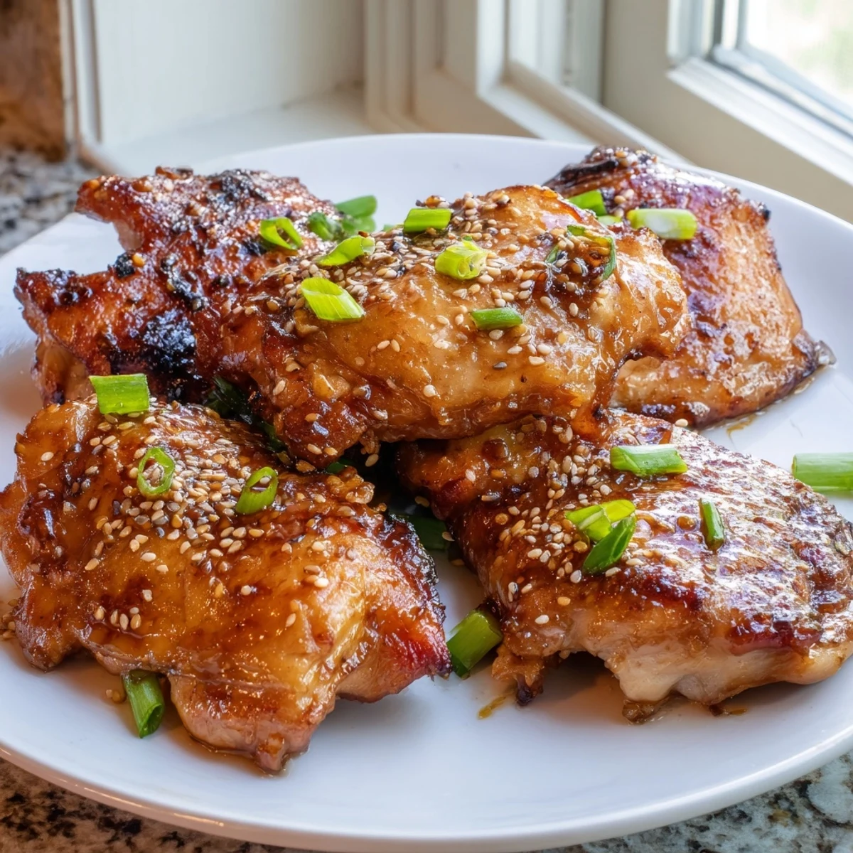 Steaming ginger garlic chicken thigh bake drizzled with sticky honey glaze served over rice