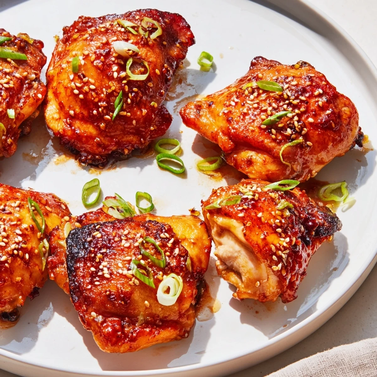 Juicy ginger garlic chicken thigh bake with crispy skin on a white baking dish