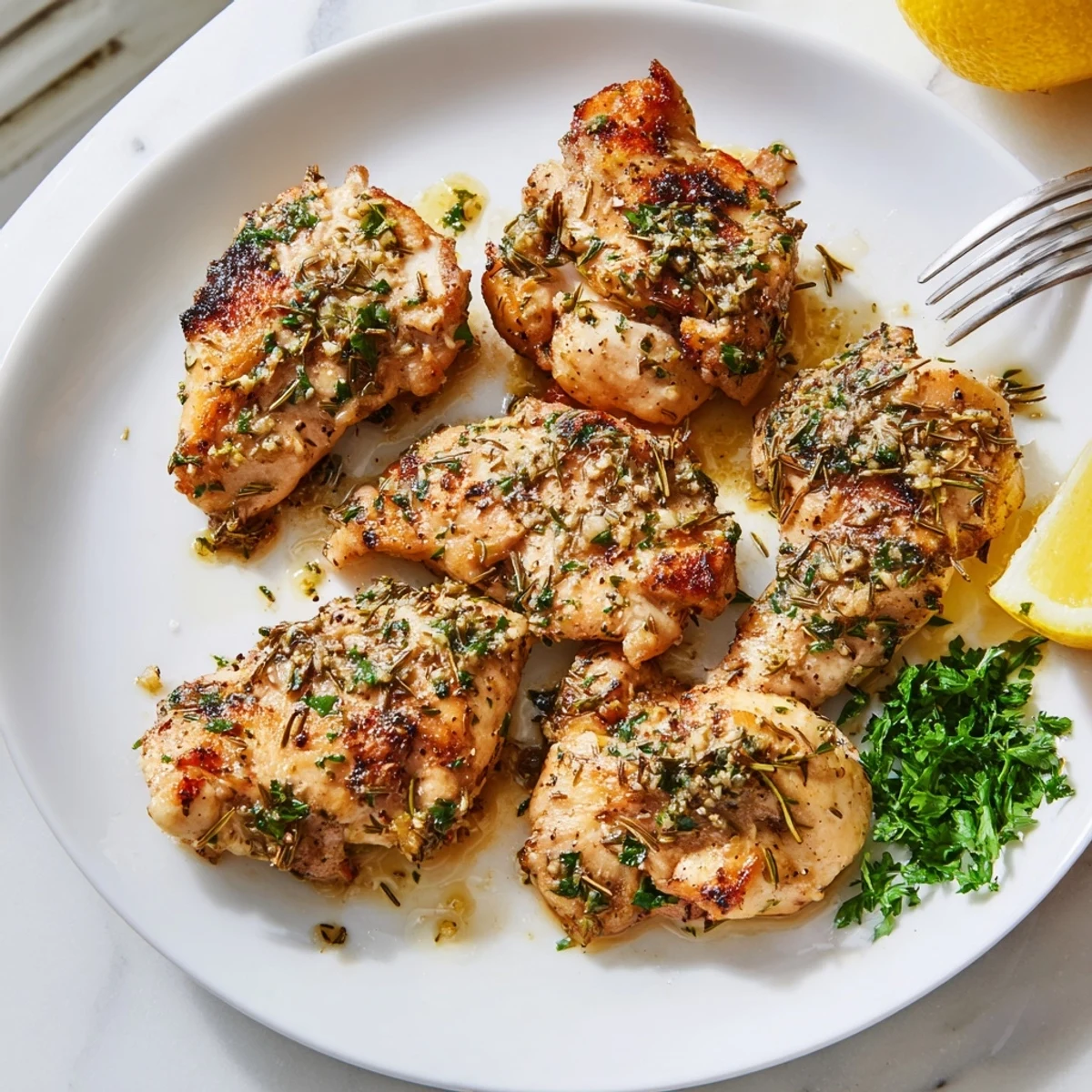 Golden Savory Garlic Herb Chicken with fresh herbs on a rustic white plate