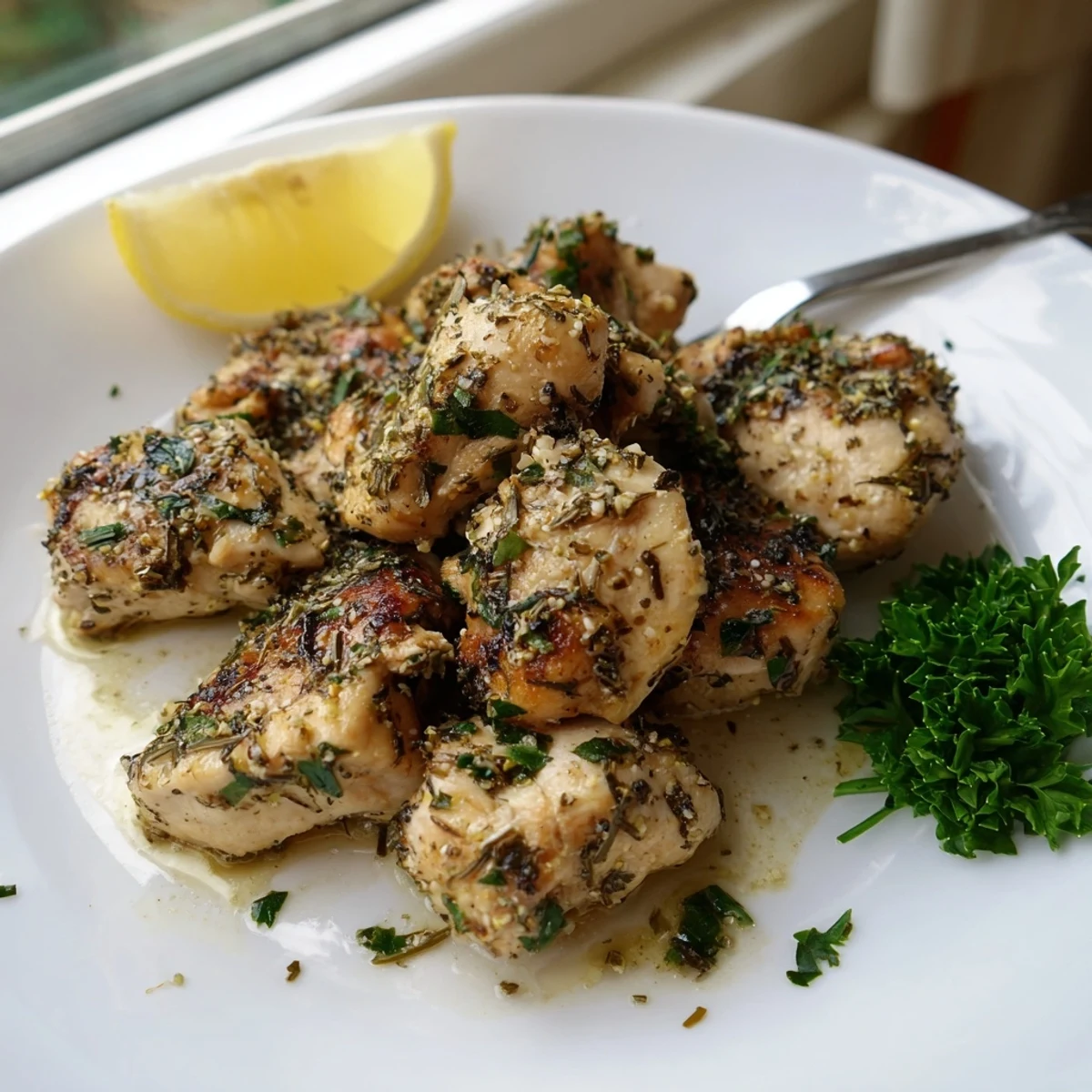 Savory Garlic Herb Chicken sliced open revealing tender meat and chopped herbs