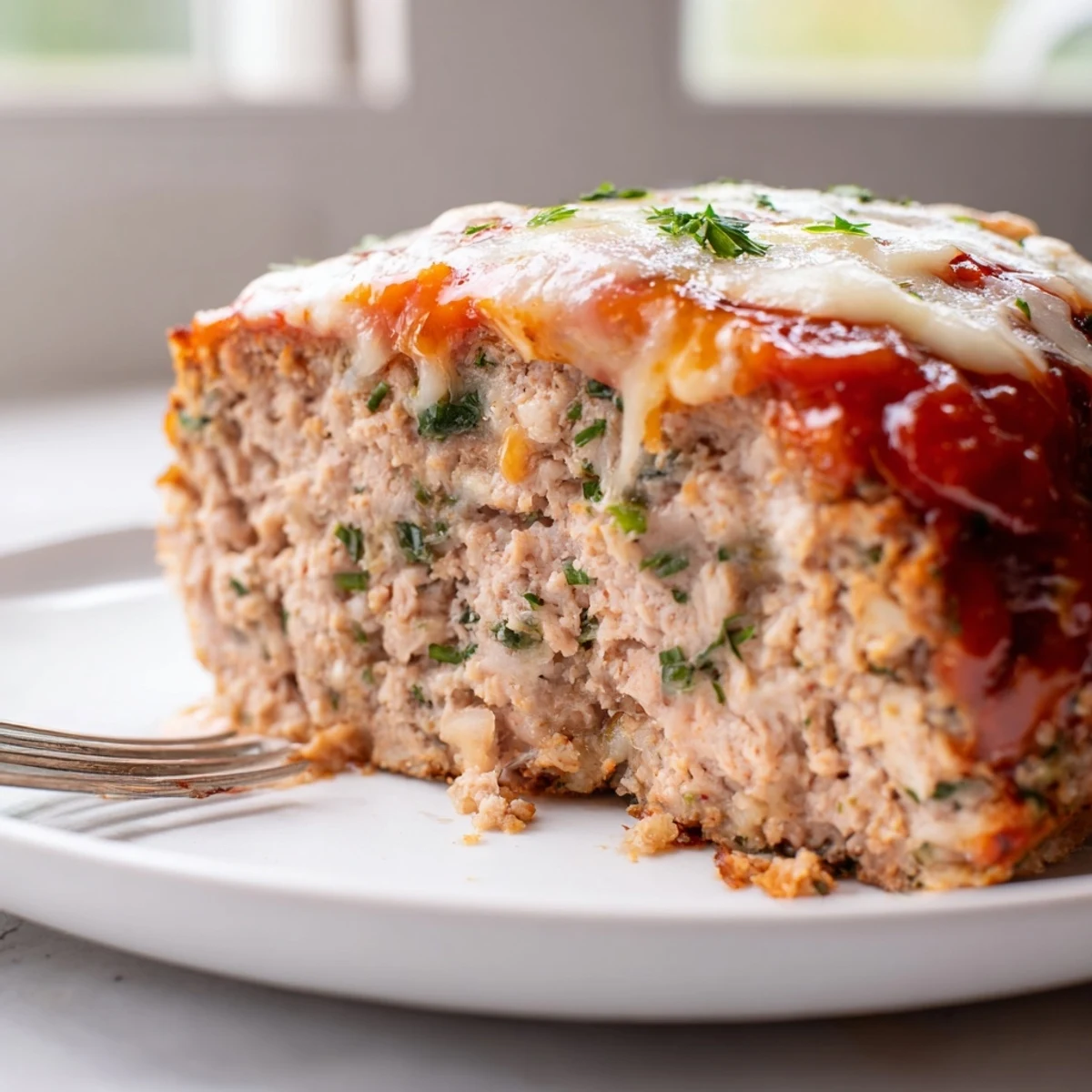 Golden Parmesan chicken meatloaf sliced thick with tangy tomato glaze on a rustic plate