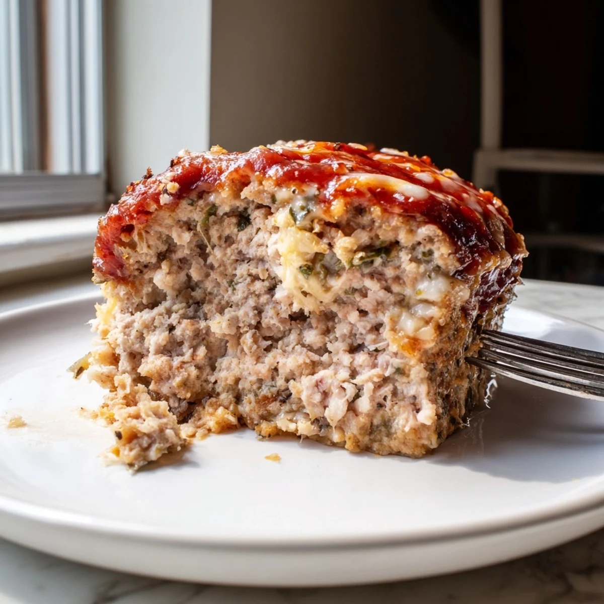 Juicy Parmesan chicken meatloaf fresh from the oven topped with bubbling melted cheese