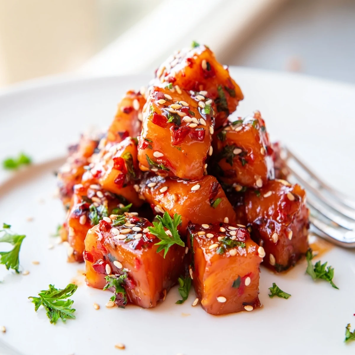 Golden hot honey salmon bites garnished with fresh parsley and sesame seeds on a white plate