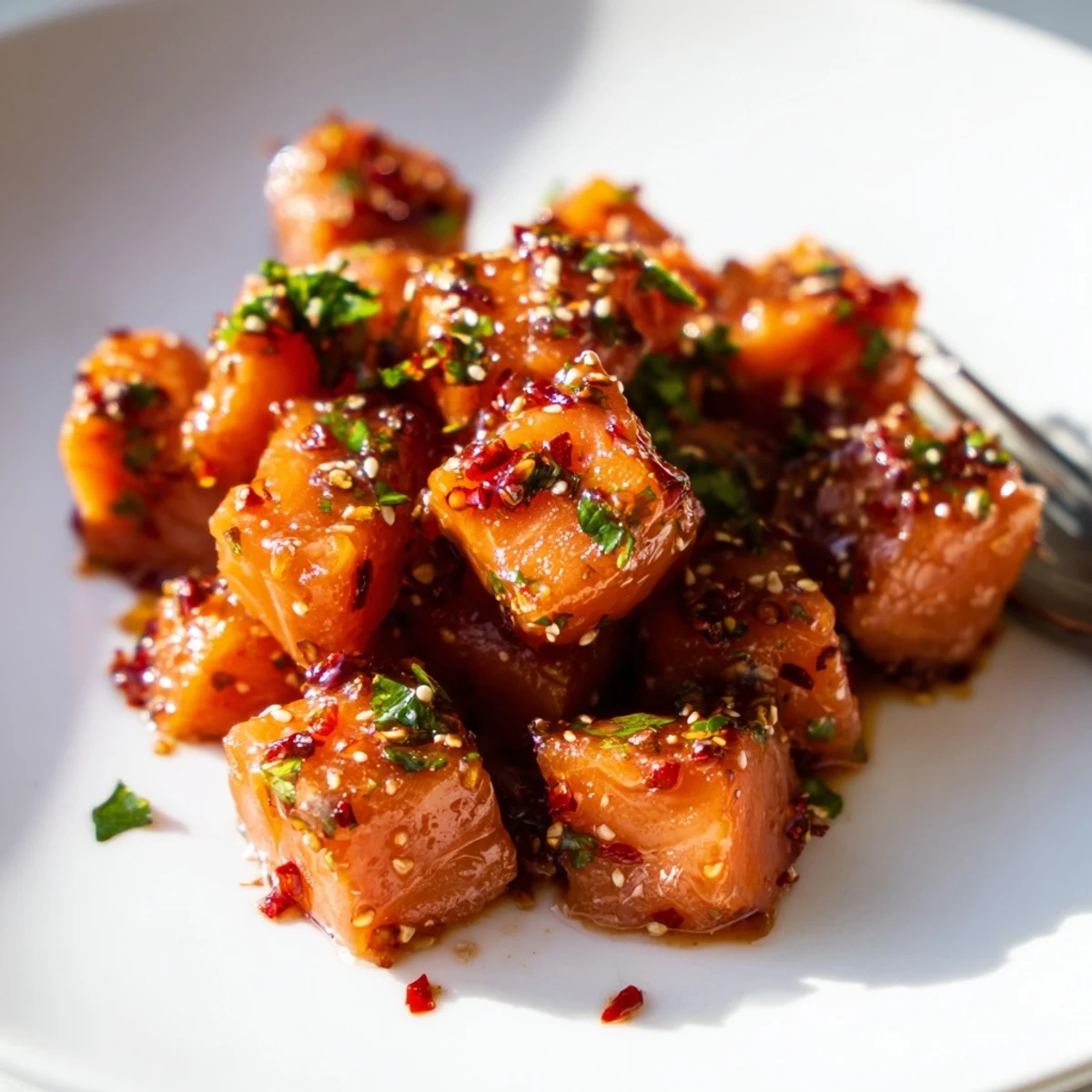 Crispy glazed hot honey salmon bites drizzled with sweet and spicy sticky sauce close-up