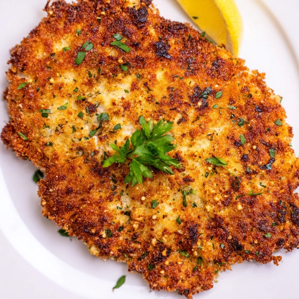 Juicy Savory Herbed Parmesan Chicken fresh from the skillet with crispy herb crust