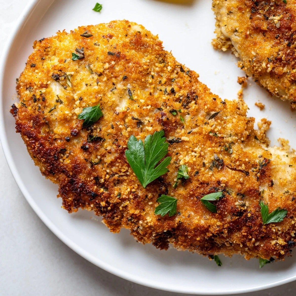 Golden crispy Savory Herbed Parmesan Chicken served hot on a rustic white plate