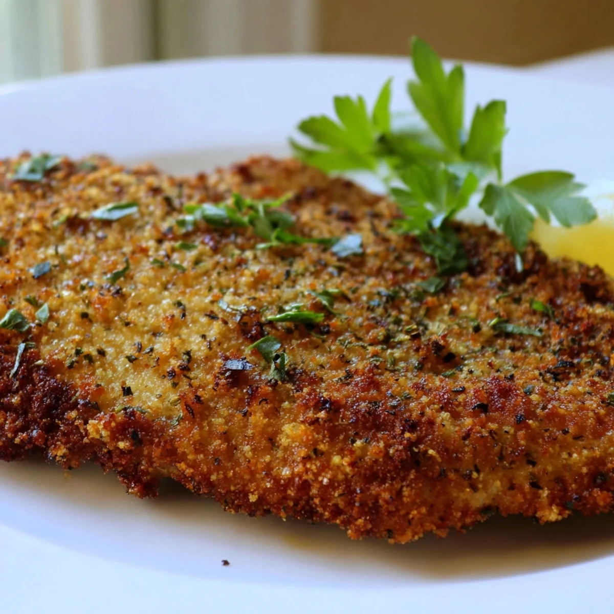 Savory Herbed Parmesan Chicken garnished with fresh parsley and bright lemon wedges