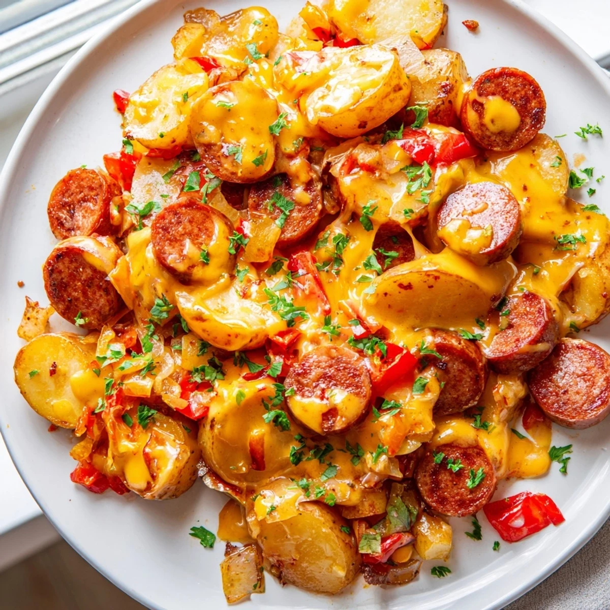 Golden cheesy kielbasa skillet with tender potatoes and melted cheddar in cast iron
