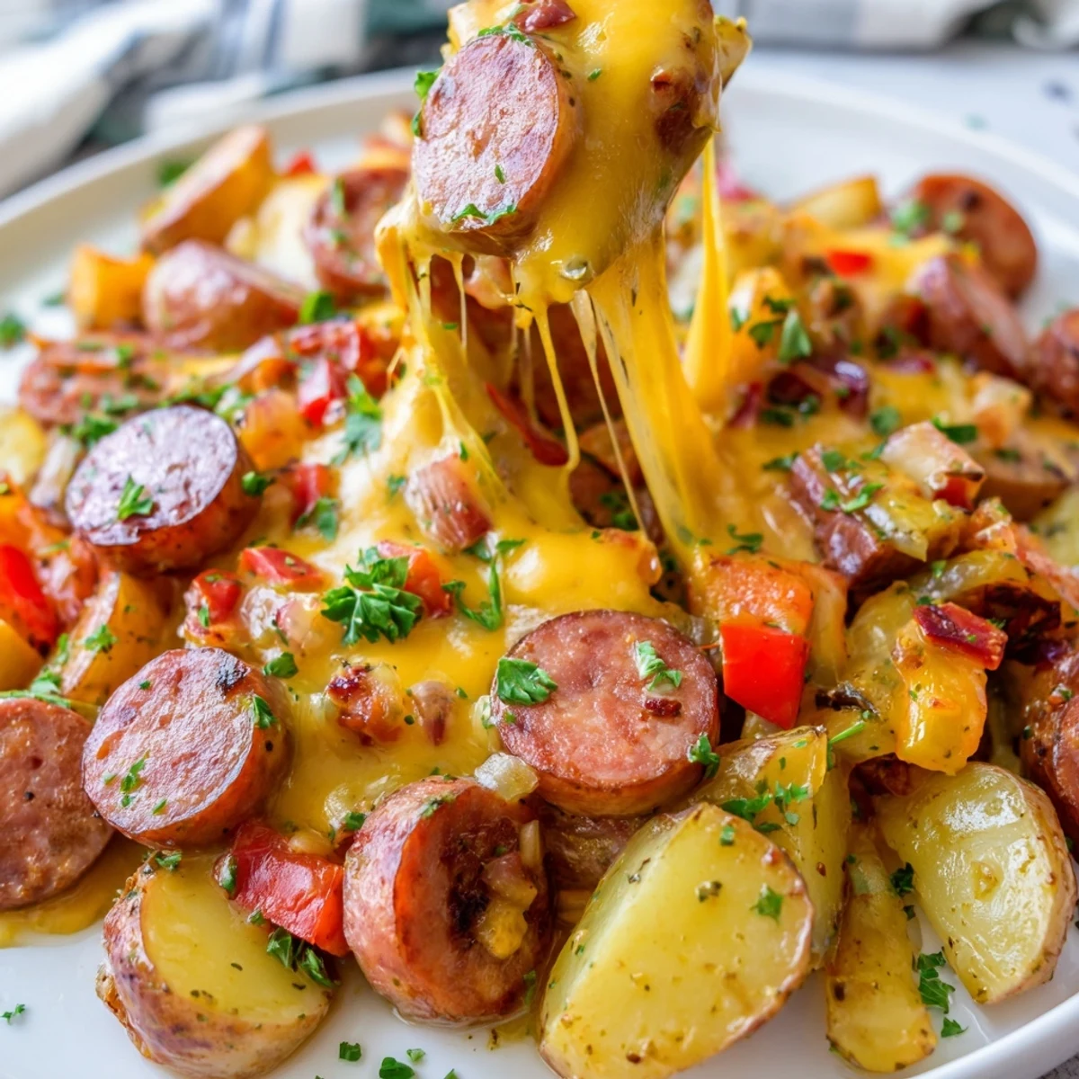 Smoky cheesy kielbasa skillet bubbling with bell peppers and gooey cheese topping