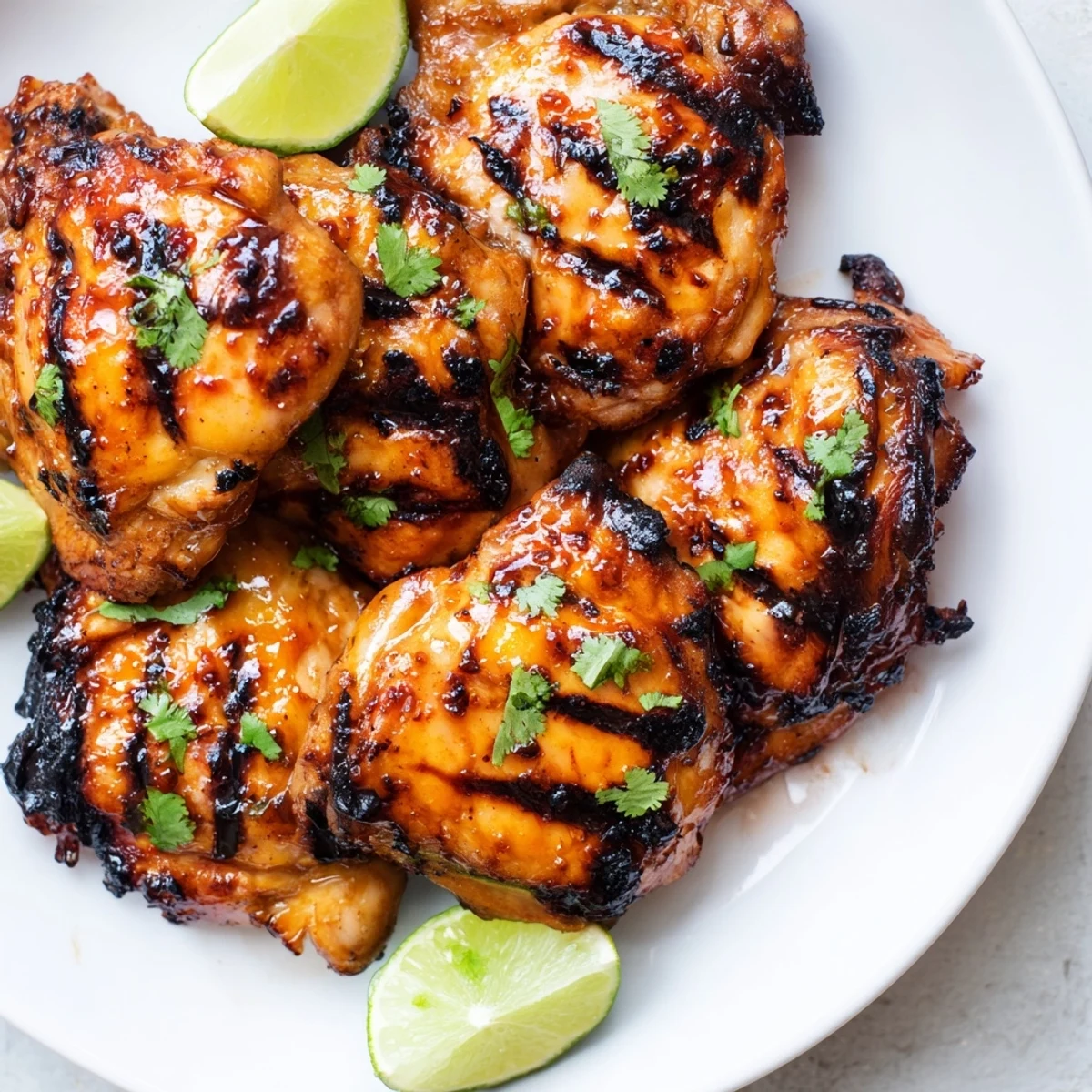 Crispy charred sweet n spicy grilled chicken thighs garnished with fresh cilantro and lime wedges