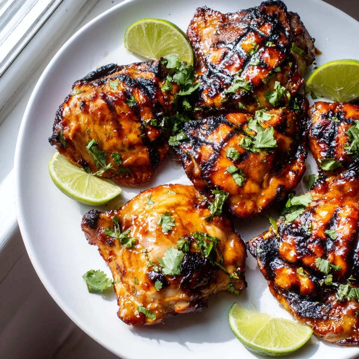 Golden glazed sweet n spicy grilled chicken thighs sizzling hot off the summer grill