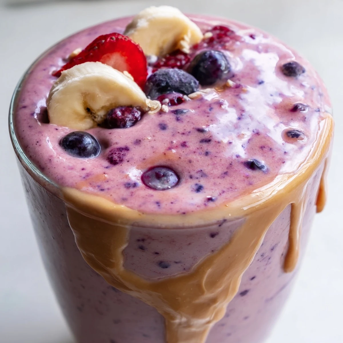 Creamy peanut butter berry smoothie served in a tall mason jar with a sprinkle of chia seeds alongside fresh raspberries