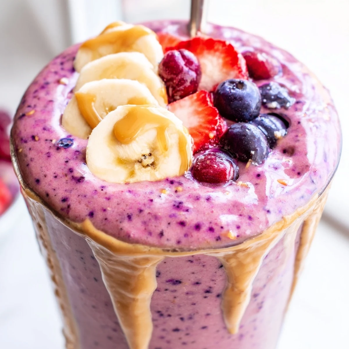 Frosty glass of peanut butter berry smoothie garnished with a banana slice and whole blueberries on a wooden breakfast tray