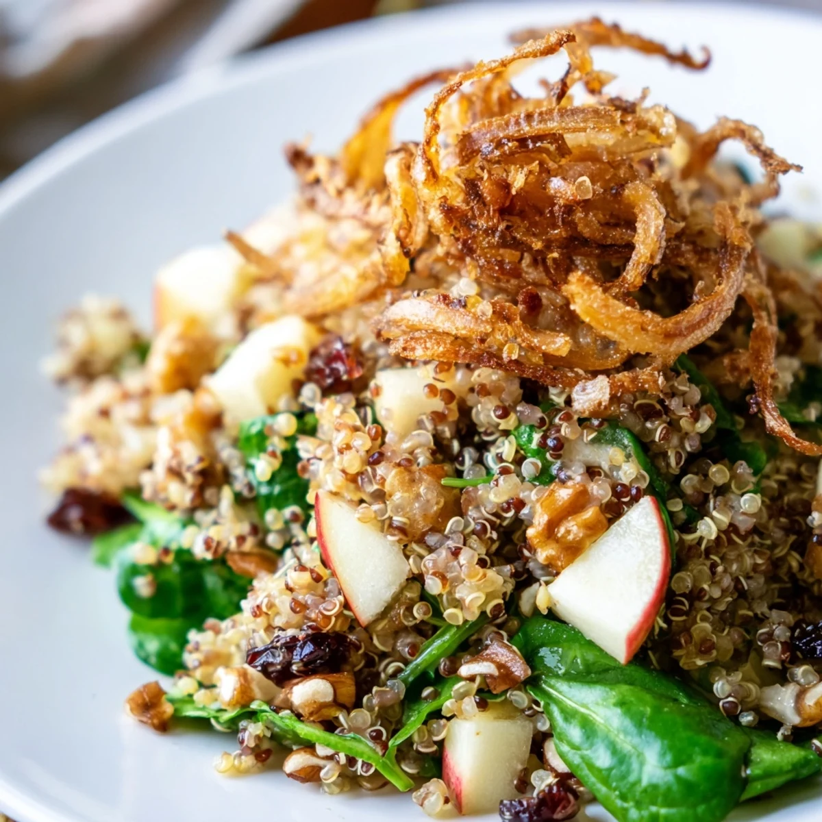 Golden crispy shallots crown a vibrant honey mustard quinoa apple salad with cranberries and greens.