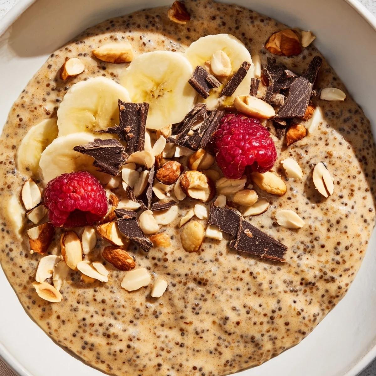Creamy peanut butter chia pudding topped with sliced banana and roasted peanuts in a glass jar