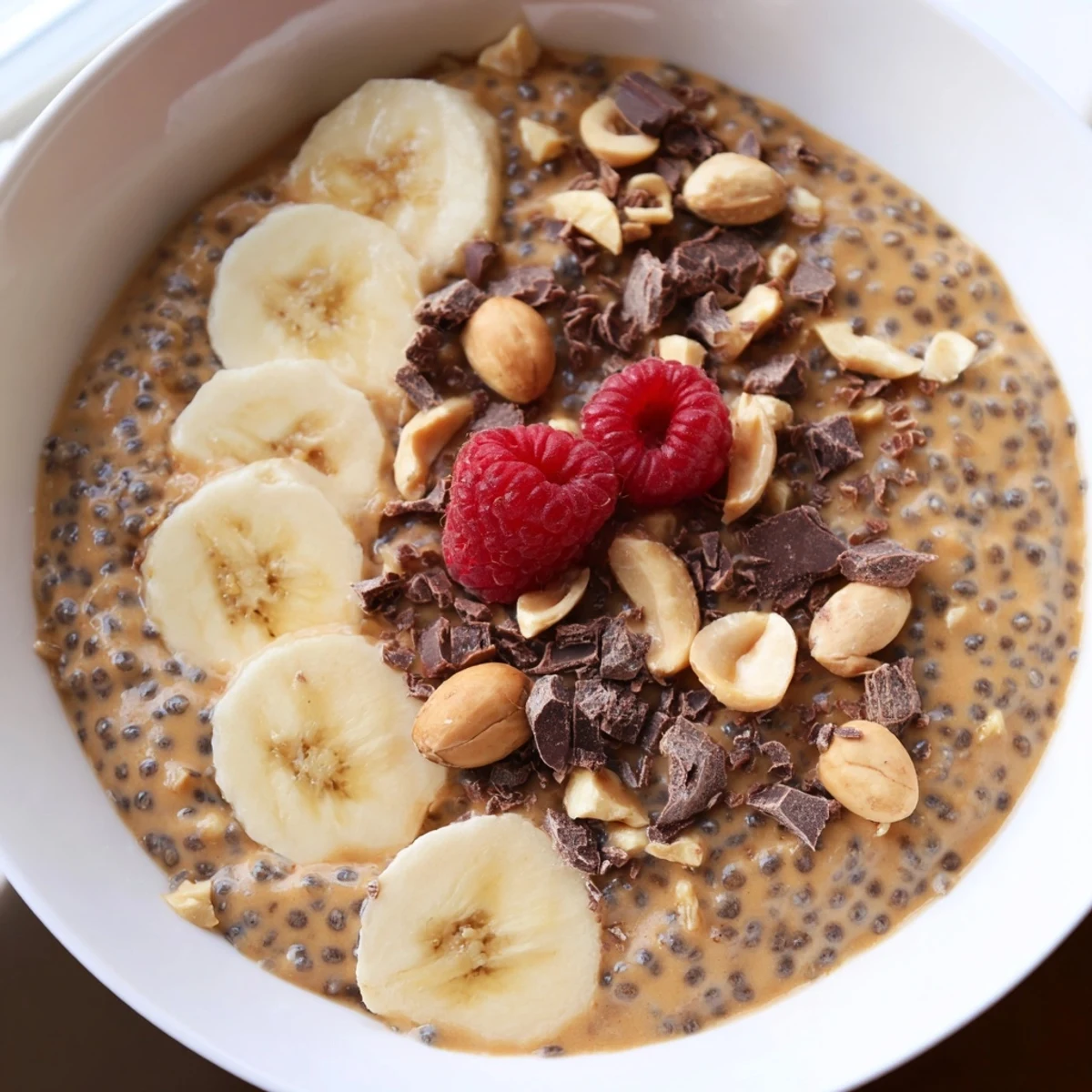 Thick peanut butter chia pudding served in mason jars with dark chocolate shavings and fresh berries