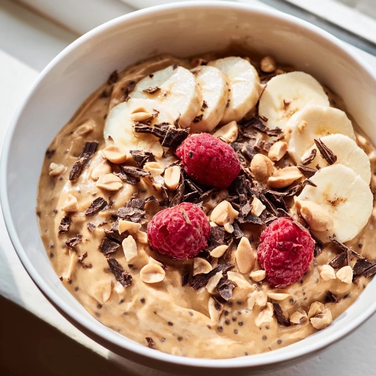 Golden peanut butter chia pudding garnished with banana slices and a drizzle of maple syrup