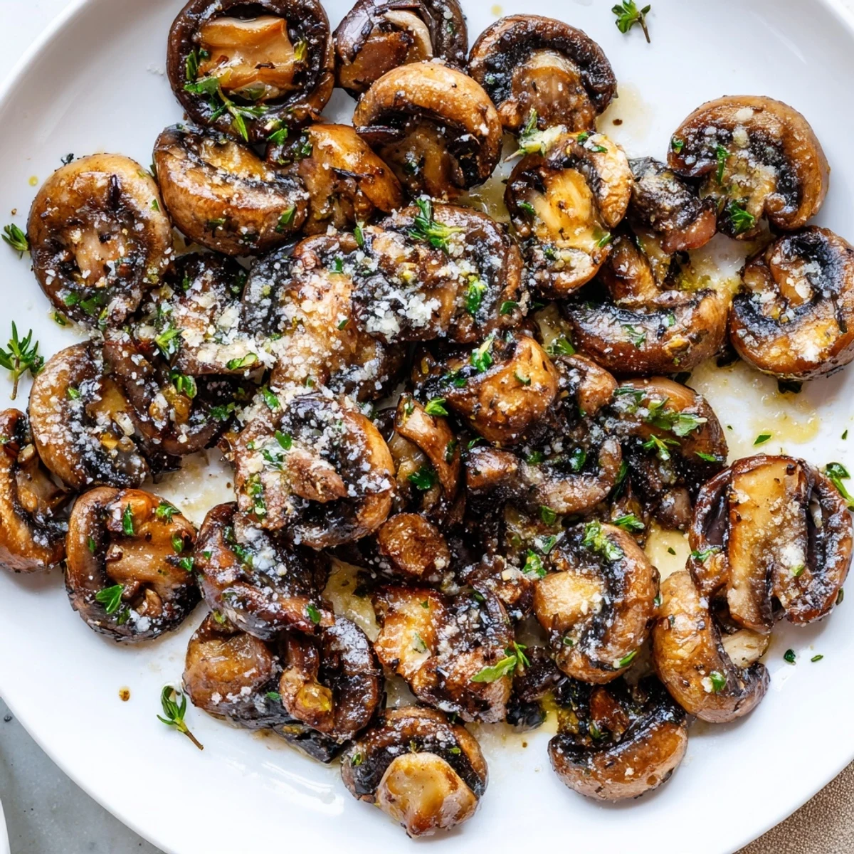 Golden sauteed grilled garlic mushrooms glistening with olive oil and fresh herbs