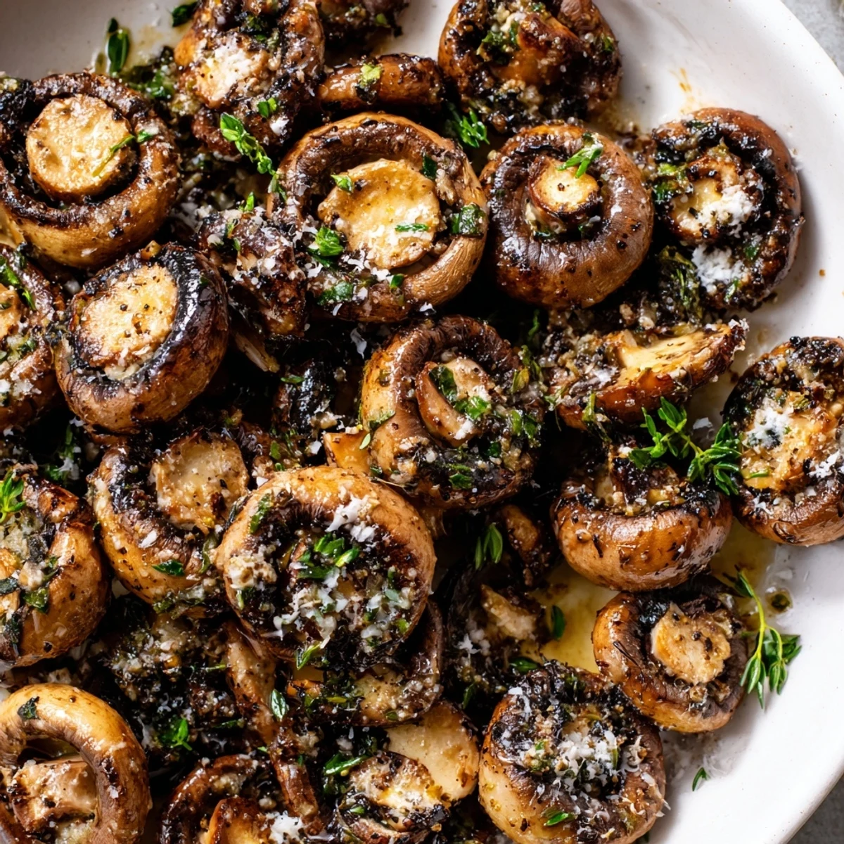 Charred tender sauteed grilled garlic mushrooms sizzling in a cast iron skillet