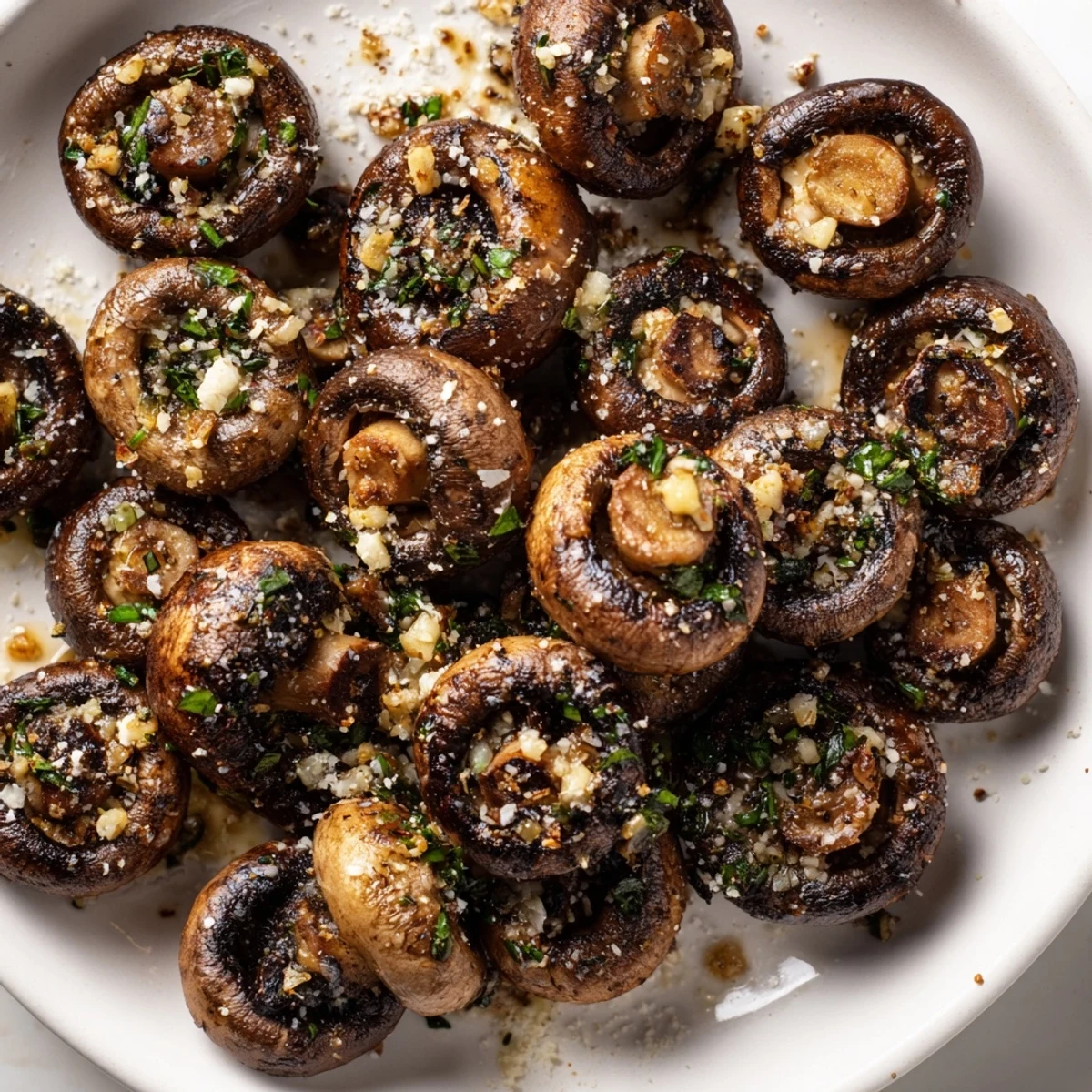 Savory sauteed grilled garlic mushrooms topped with parsley and shaved Parmesan cheese