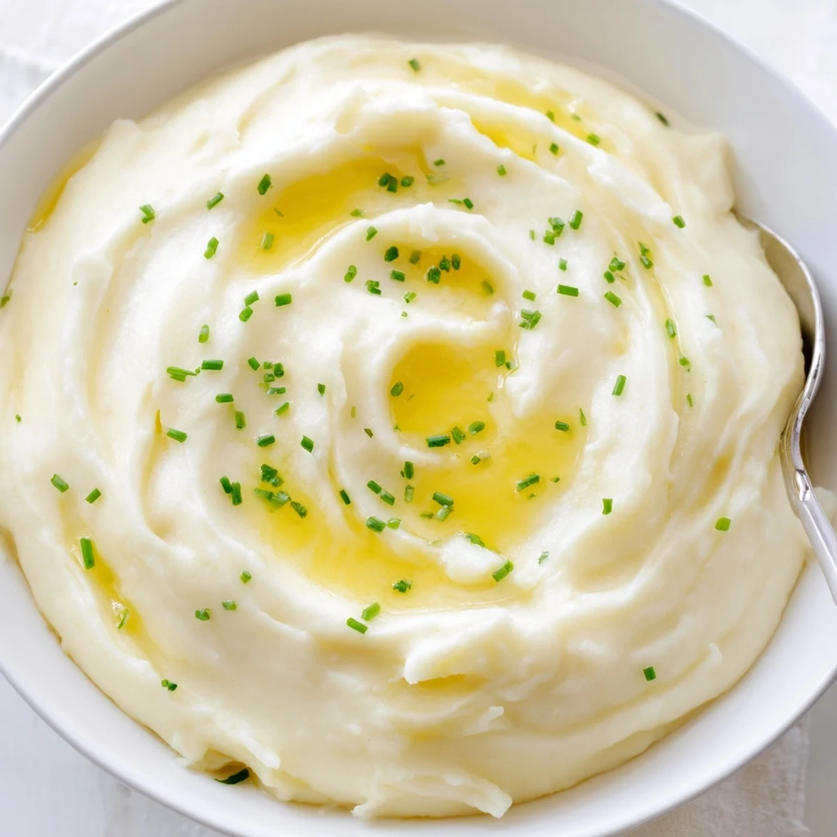 Velvety mashed potatoes swirling with melted butter in a warm ceramic bowl