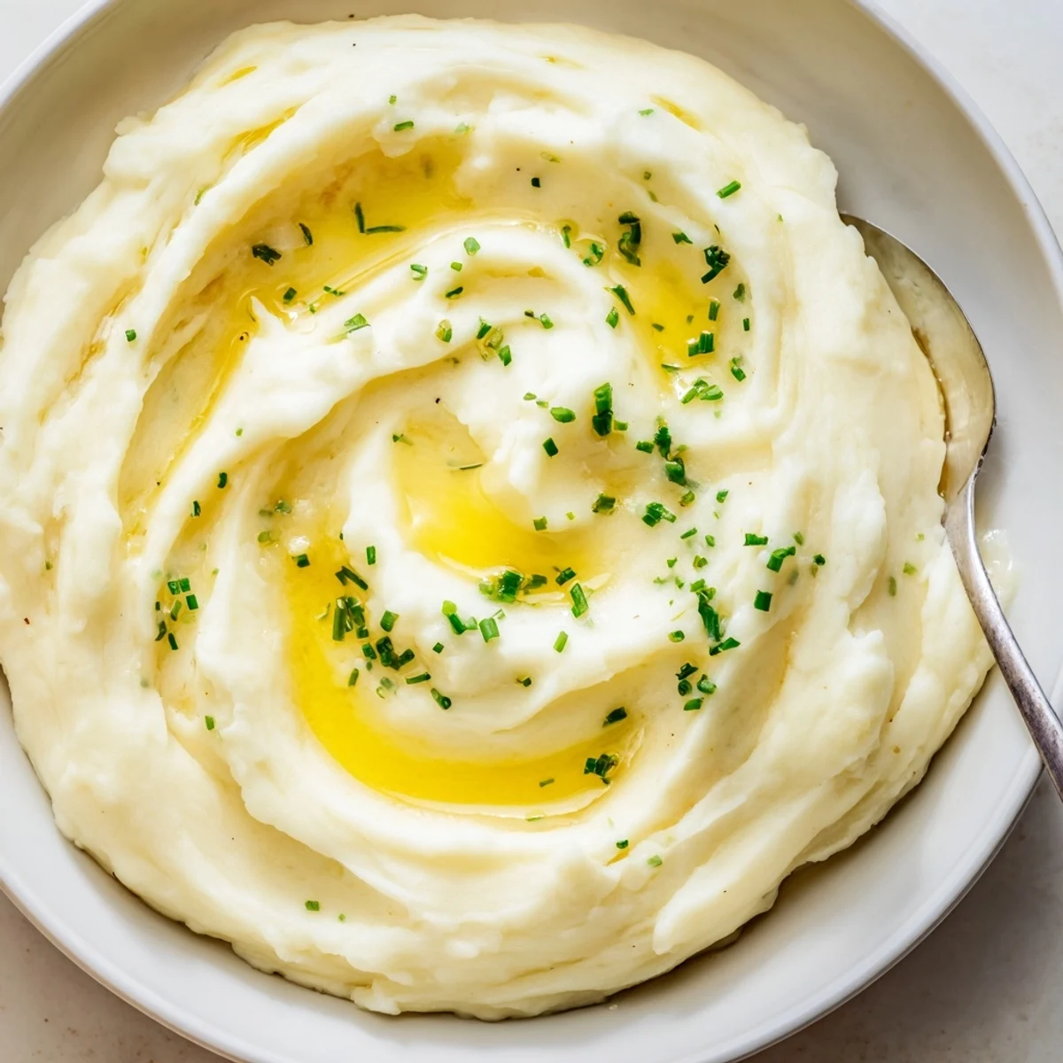 A spoonful of velvety mashed potatoes with a golden butter pool on top