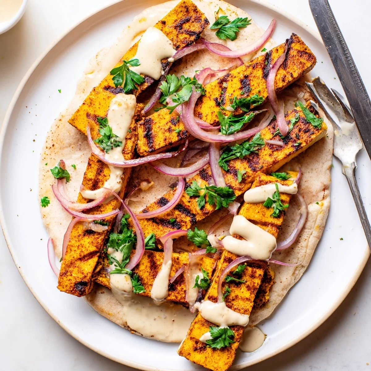 Golden tofu shawarma strips with charred edges nestled in warm pita bread