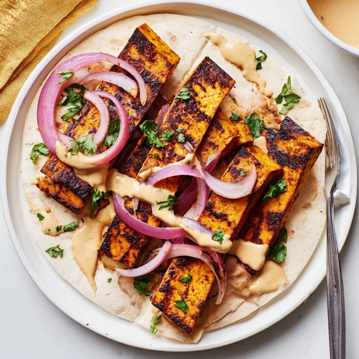 Smoky tofu shawarma garnished with chopped parsley and drizzled with vegan yogurt sauce