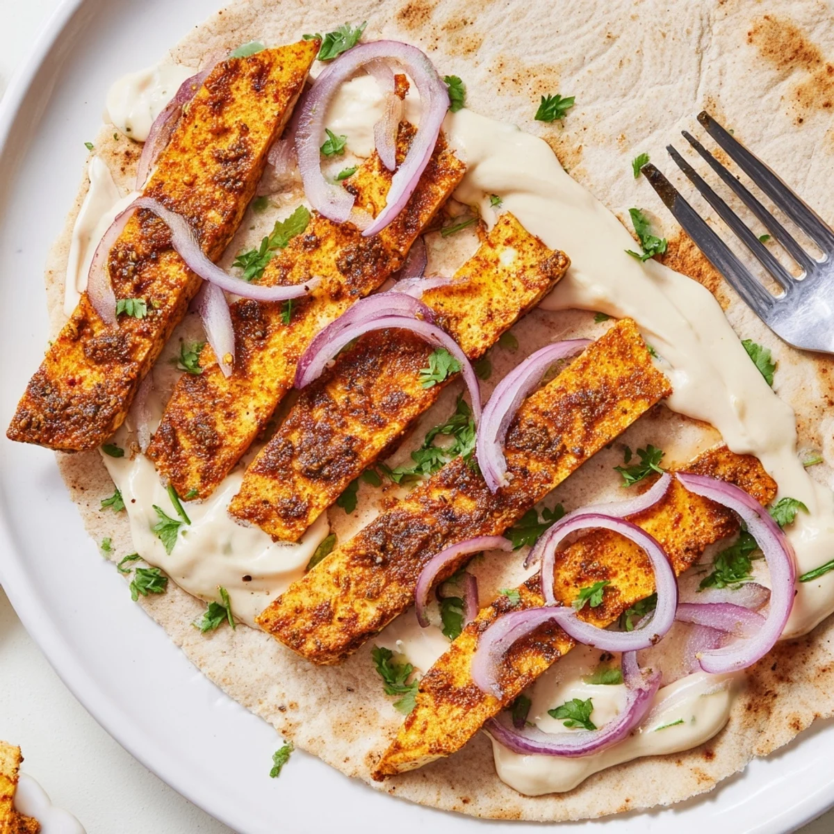 Crispy spiced tofu shawarma layered with fresh lettuce, tomato, and creamy tahini