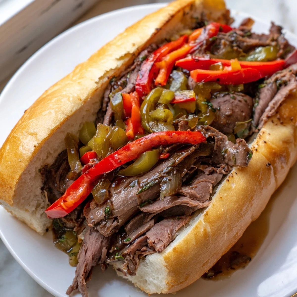 Juicy Chicago Style Italian Beef sandwich dripping with savory au jus and colorful giardiniera
