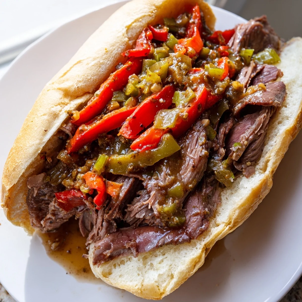 Thinly sliced Chicago Style Italian Beef piled high on a toasted French roll with peppers