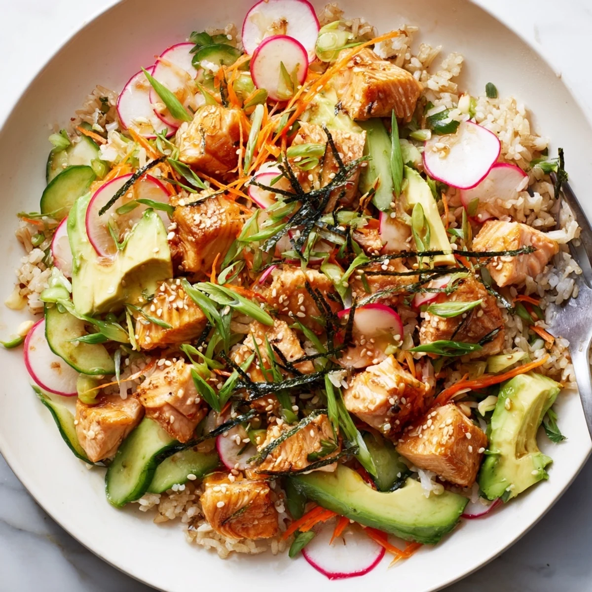 Golden crispy salmon rice salad drizzled with tangy ginger dressing on a platter
