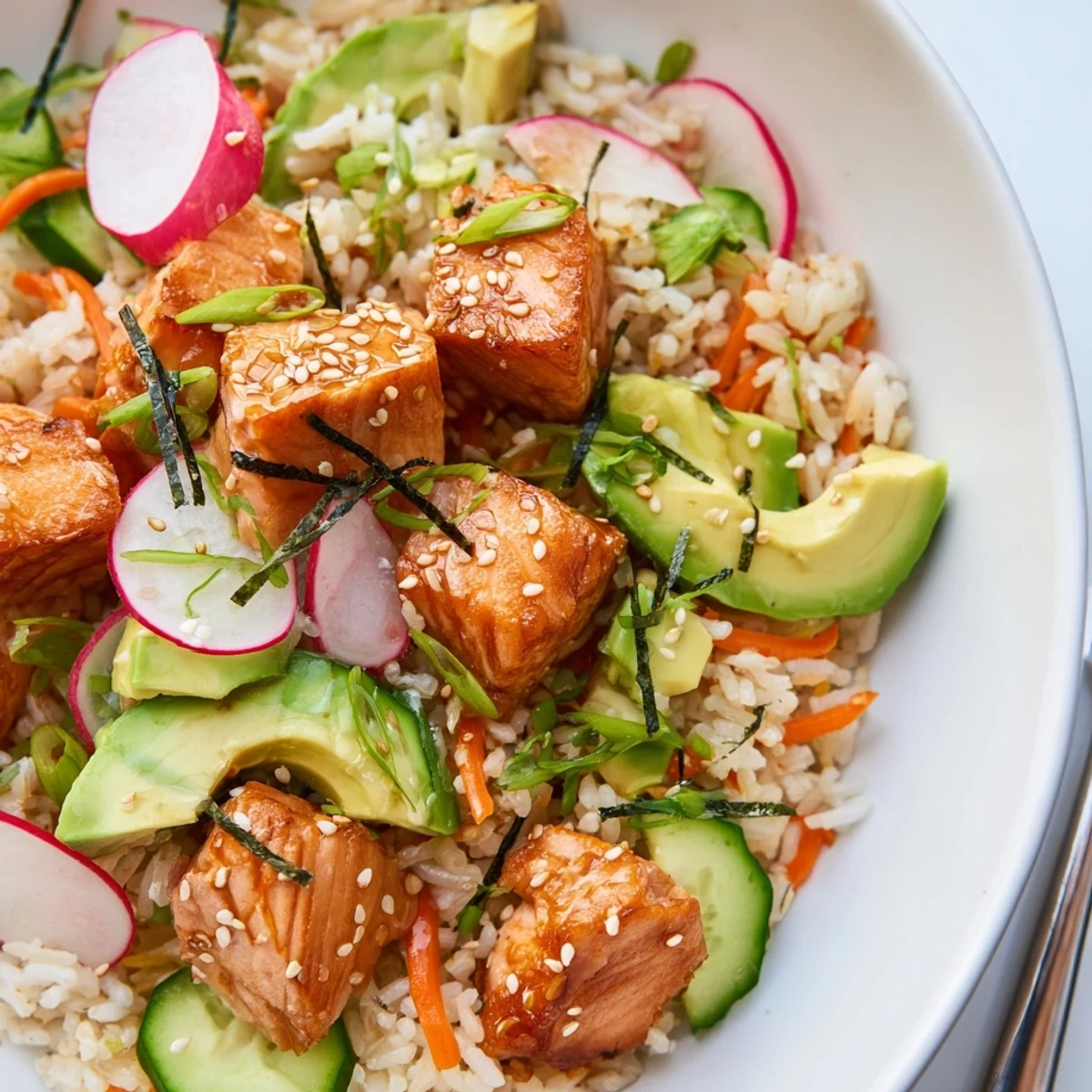 Crispy salmon rice salad with fresh cucumber, avocado, and sesame garnish