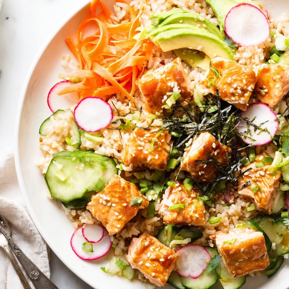  Vibrant crispy salmon rice salad in a bowl with julienned carrots and herbs