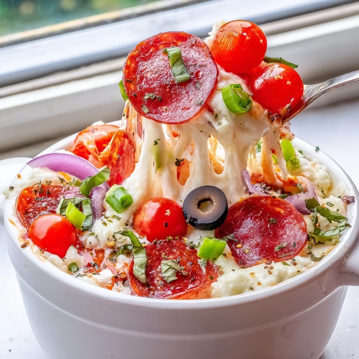 Bubbly cottage cheese pizza bowl with melted mozzarella and fresh basil garnish