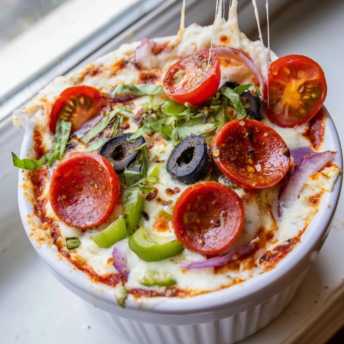 Warm cottage cheese pizza bowl topped with pepperoni tomatoes and golden cheese