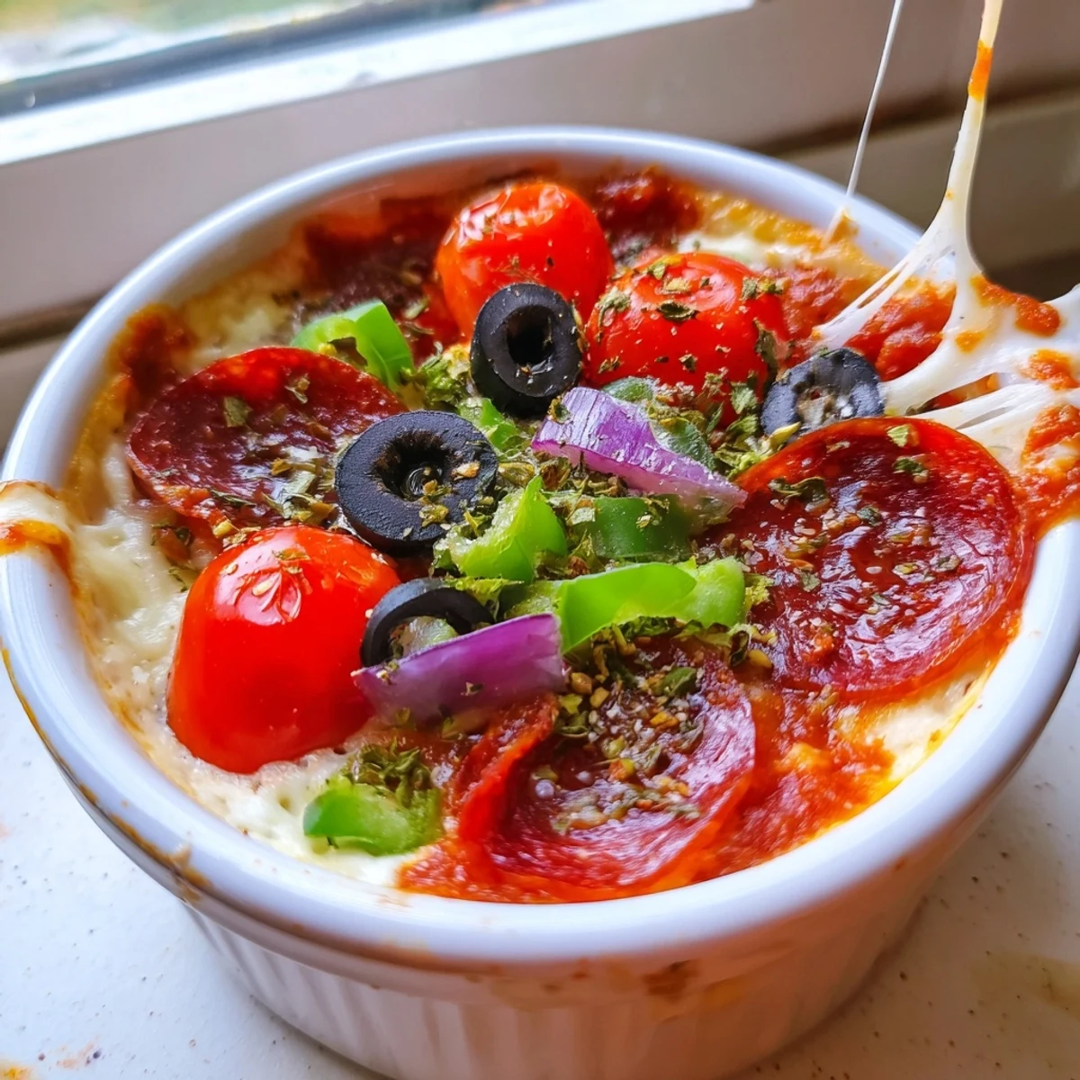 Cottage cheese pizza bowl overflowing with marinara sauce olives and gooey mozzarella