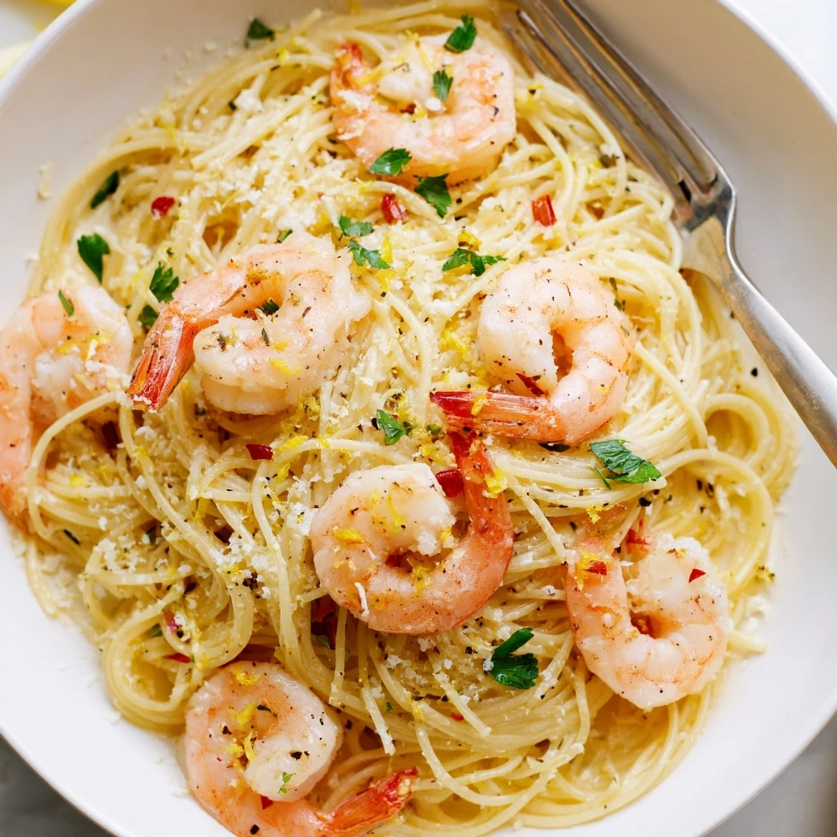 Garlic Butter Shrimp Angel Hair Pasta tossed in a glossy, golden skillet sauce with fresh parsley