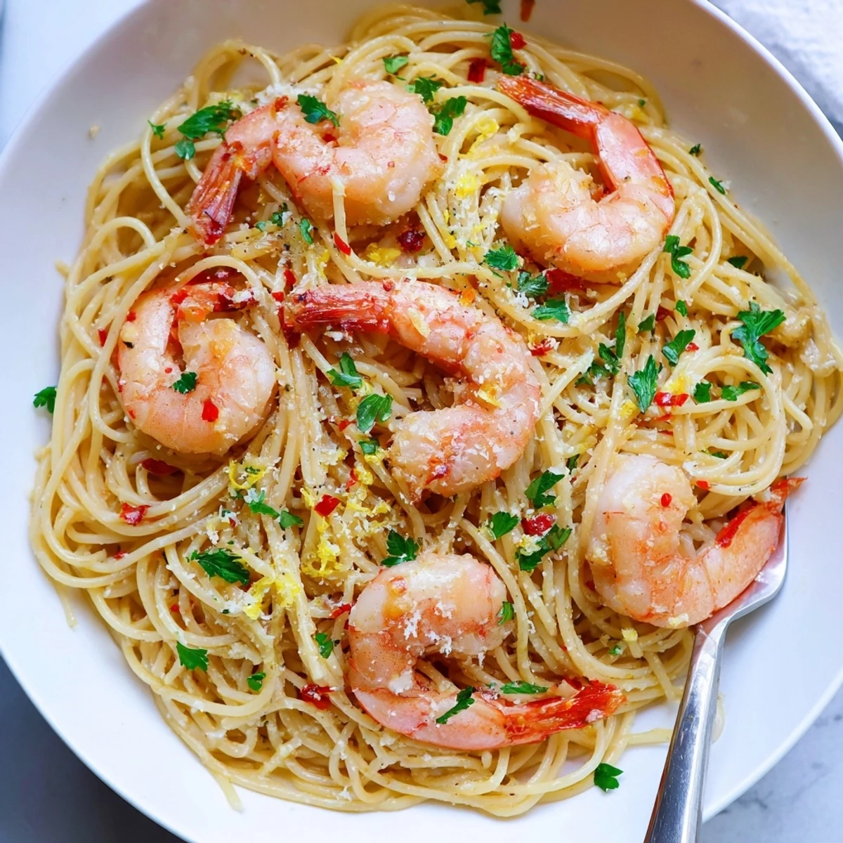 Succulent pink shrimp nestled atop delicate Garlic Butter Shrimp Angel Hair Pasta with zesty lemon wedges