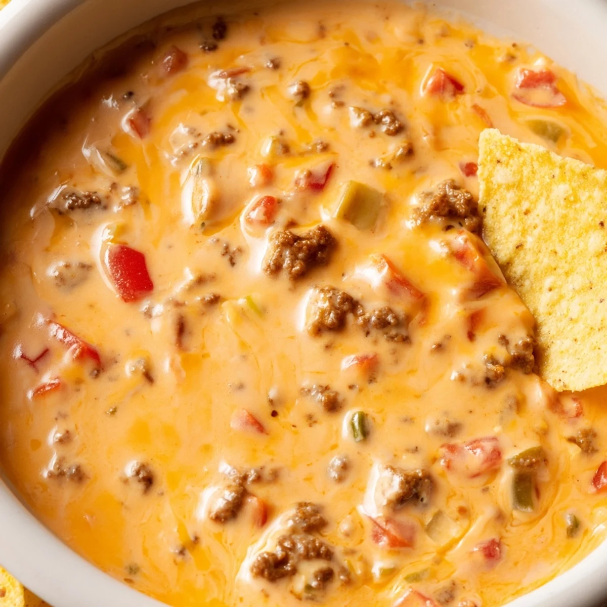 Warm Creamy Crockpot Rotel Dip served in a slow cooker with tortilla chips