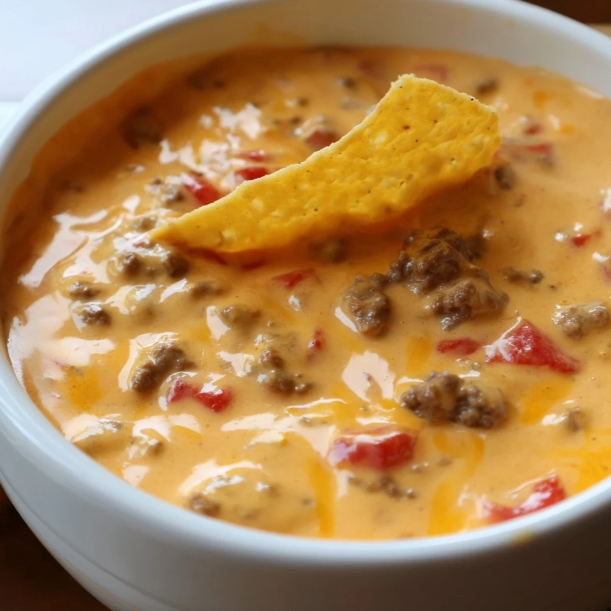 Golden melted Creamy Crockpot Rotel Dip topped with zesty tomatoes and green chilies