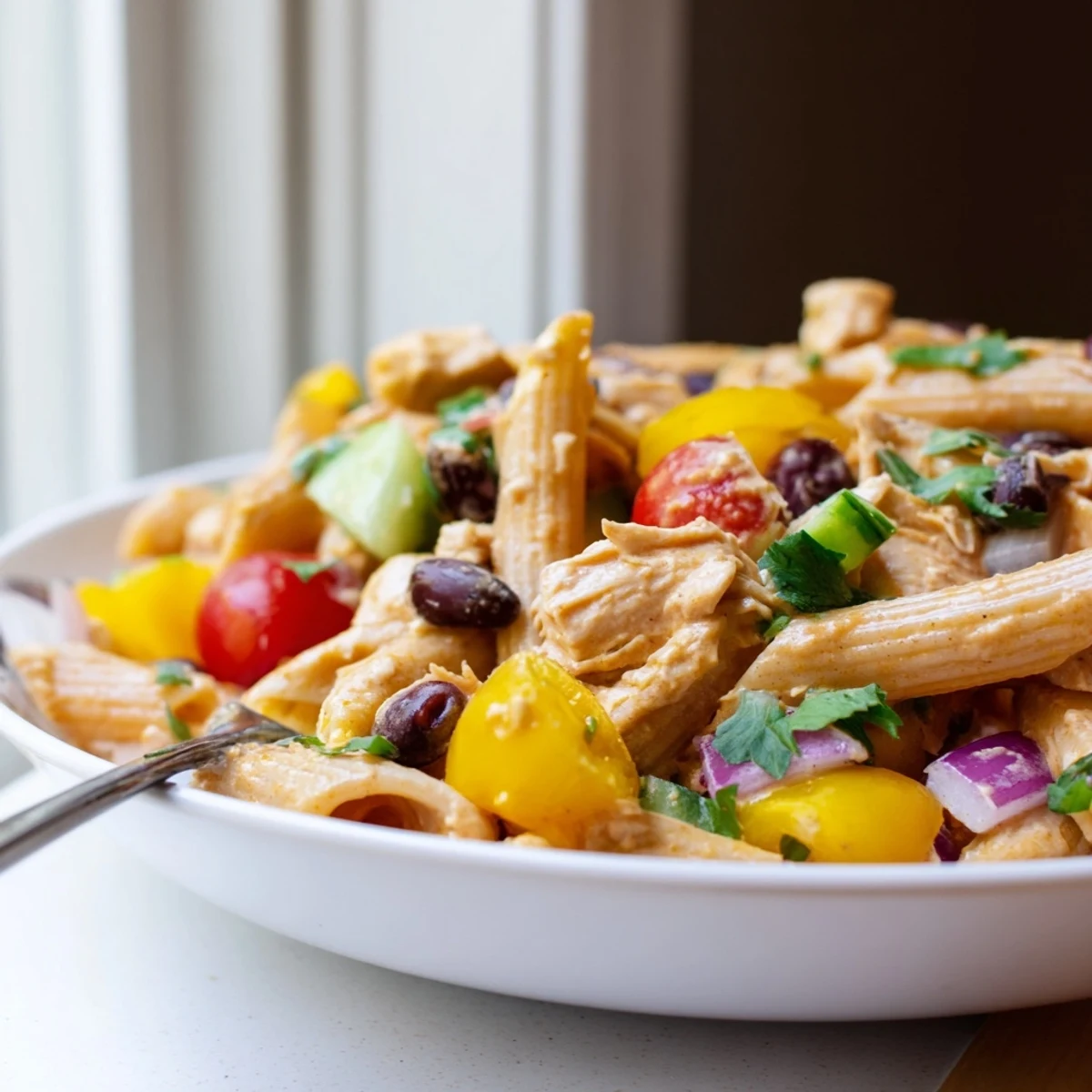 Smoky BBQ chicken pasta salad piled high with colorful veggies and creamy dressing