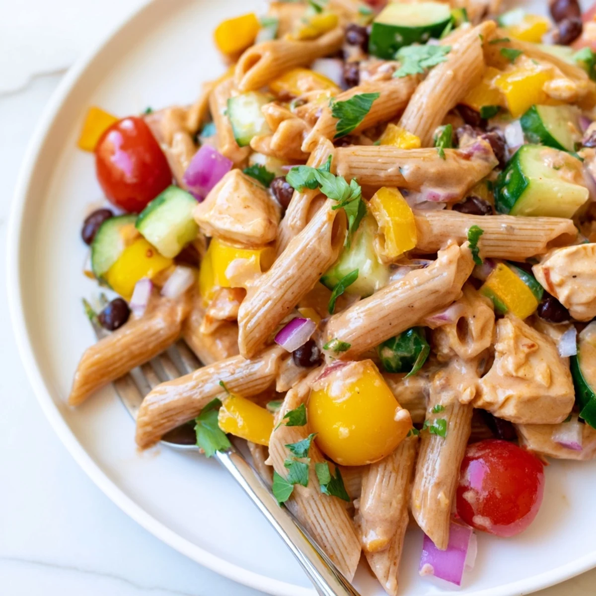 Zesty high protein BBQ chicken pasta salad served fresh in a rustic bowl