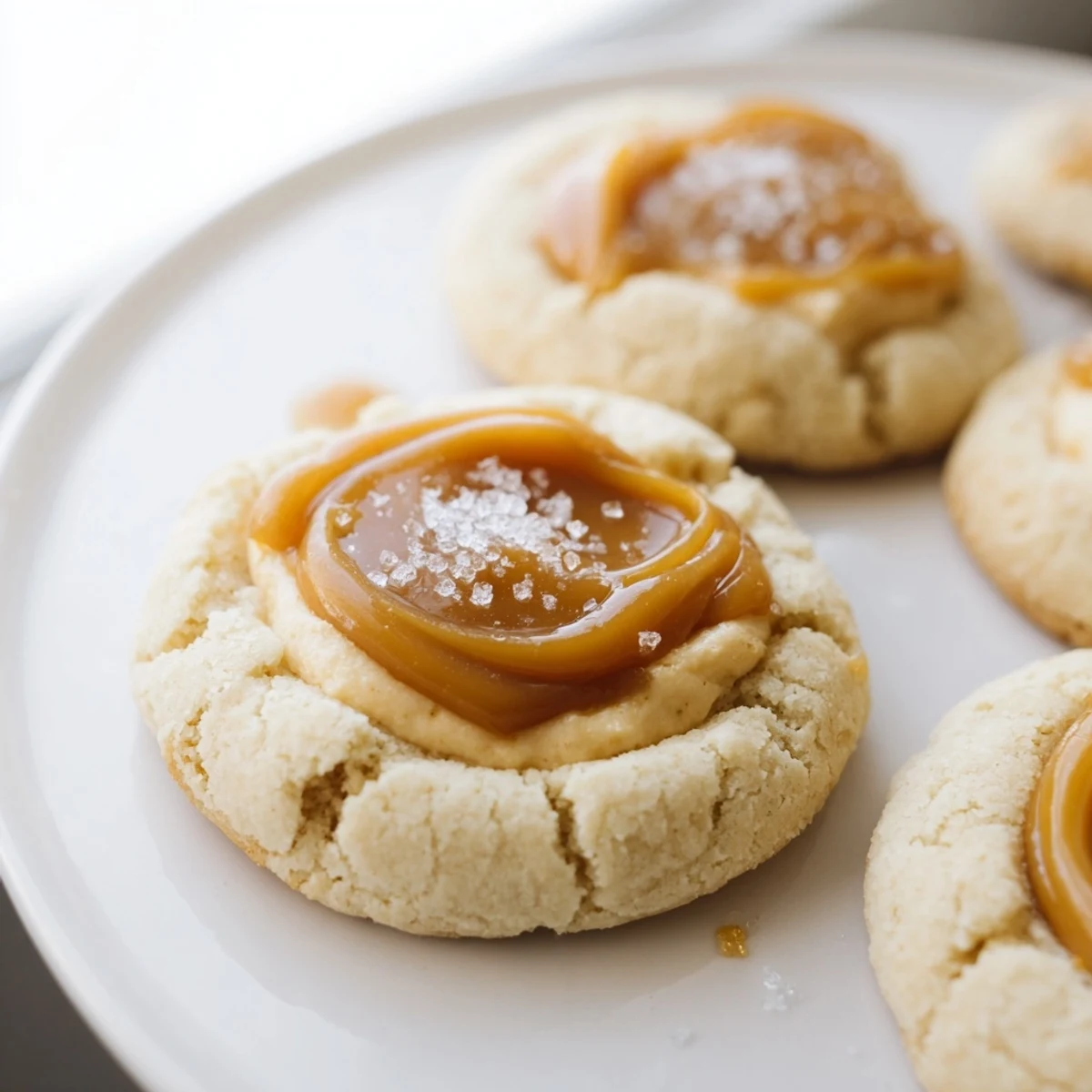 Golden caramel drizzled over soft caramel cheesecake cookies on a rustic baking sheet
