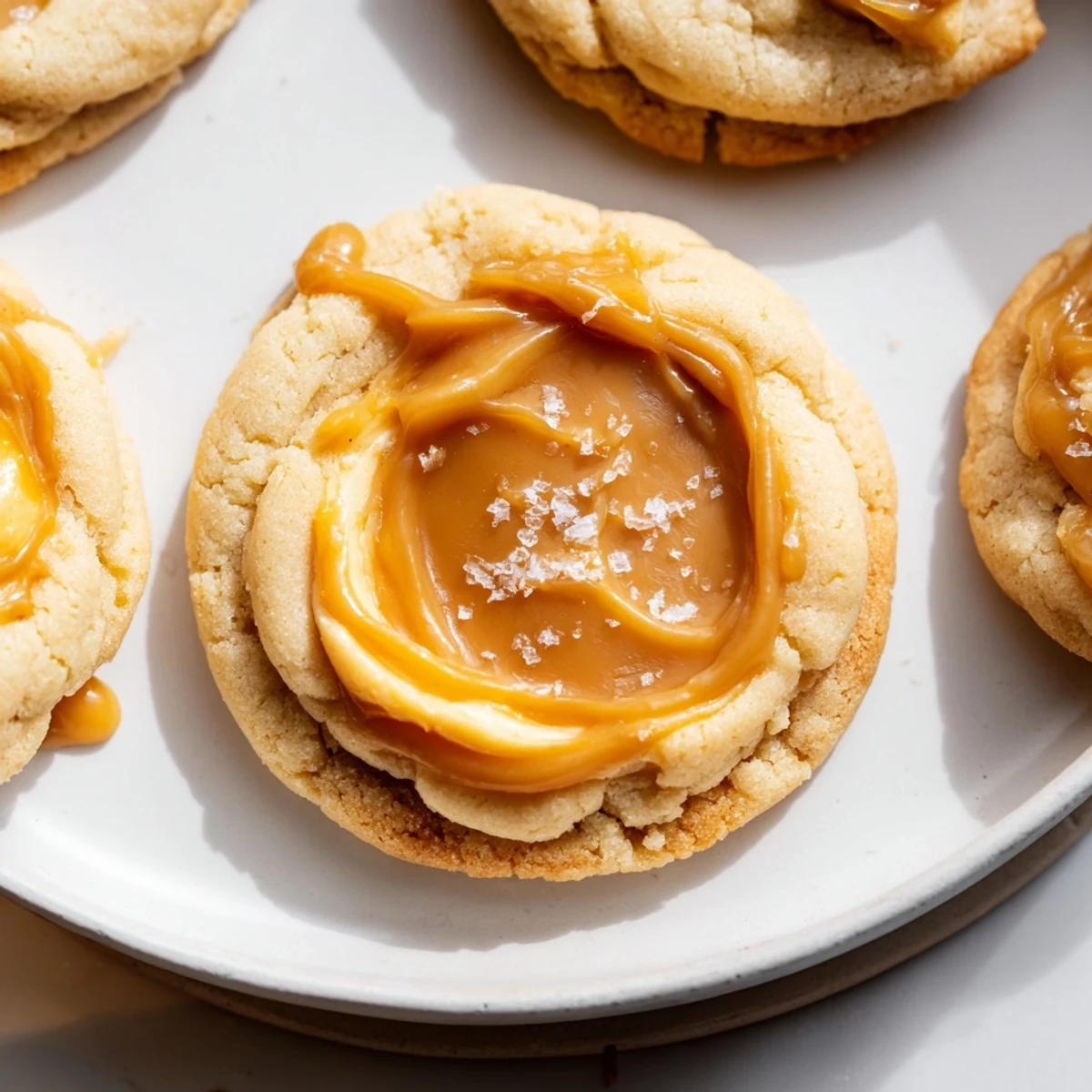 Soft-baked caramel cheesecake cookies topped with glossy caramel swirls on a wire cooling rack
