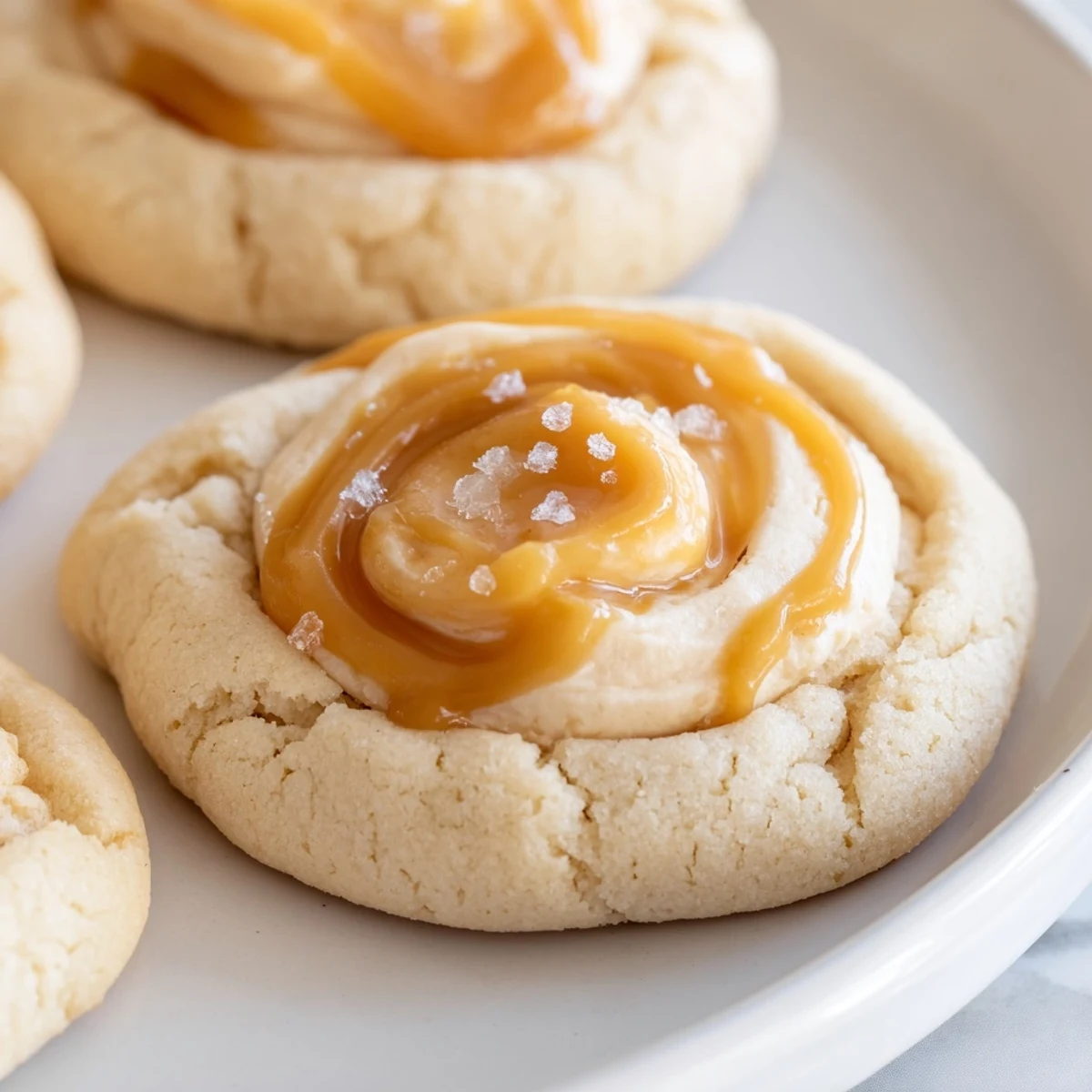 Creamy cheesecake-filled caramel cheesecake cookies with swirled caramel topping on parchment