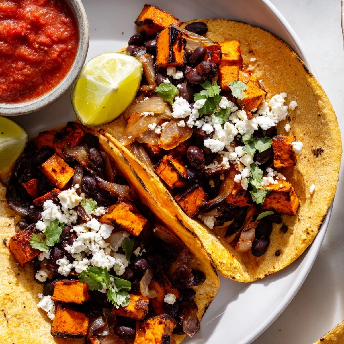 Crispy sweet potato bean tacos with golden sautéed onions on warm tortillas