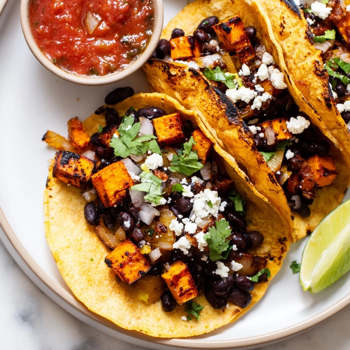 Caramelized onions and roasted sweet potato bean tacos topped with fresh cilantro