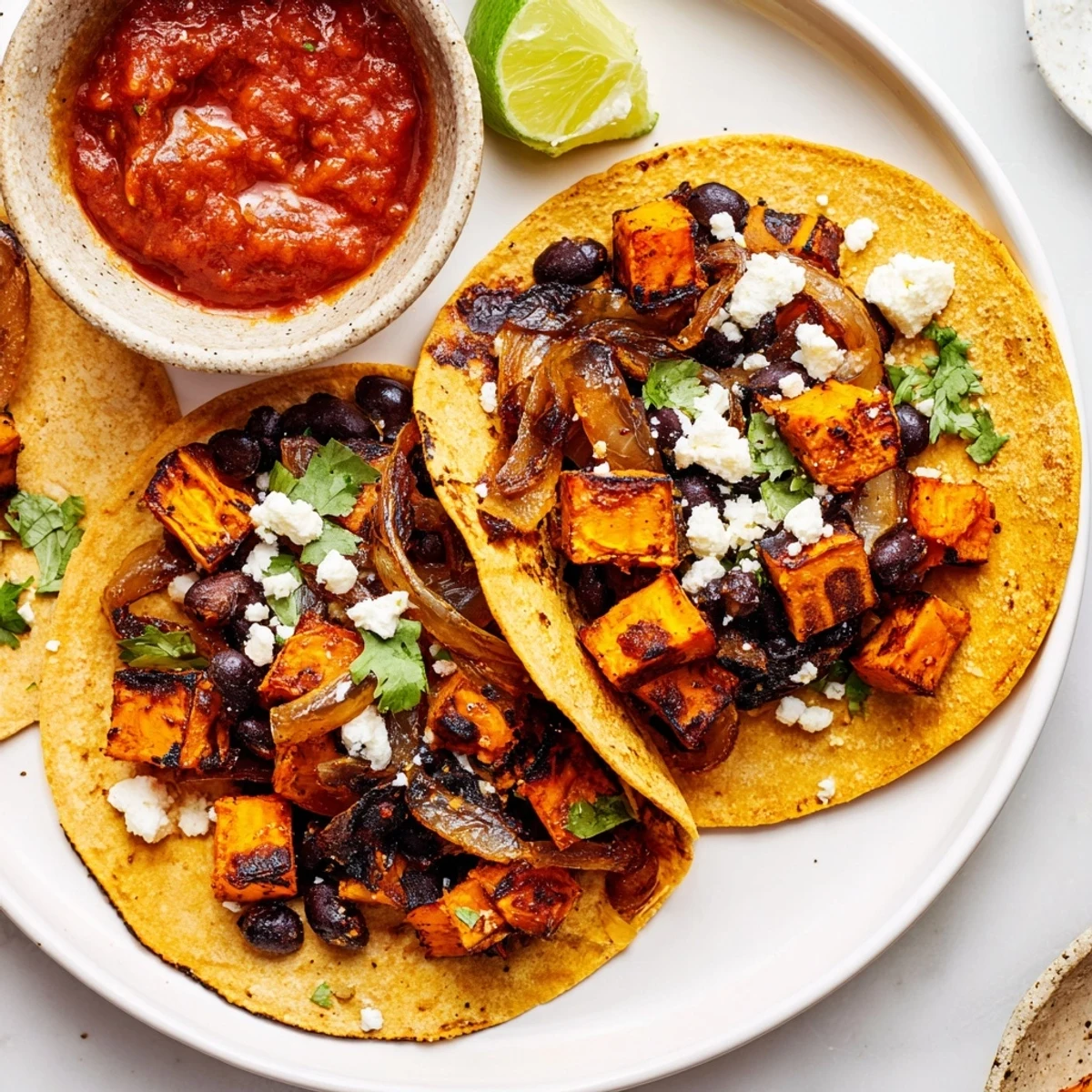 Smoky crispy sweet potato bean tacos drizzled with salsa and lime wedges