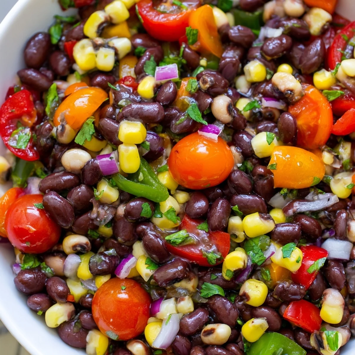 Colorful cowboy caviar in a rustic bowl, studded with black beans and sweet corn kernels